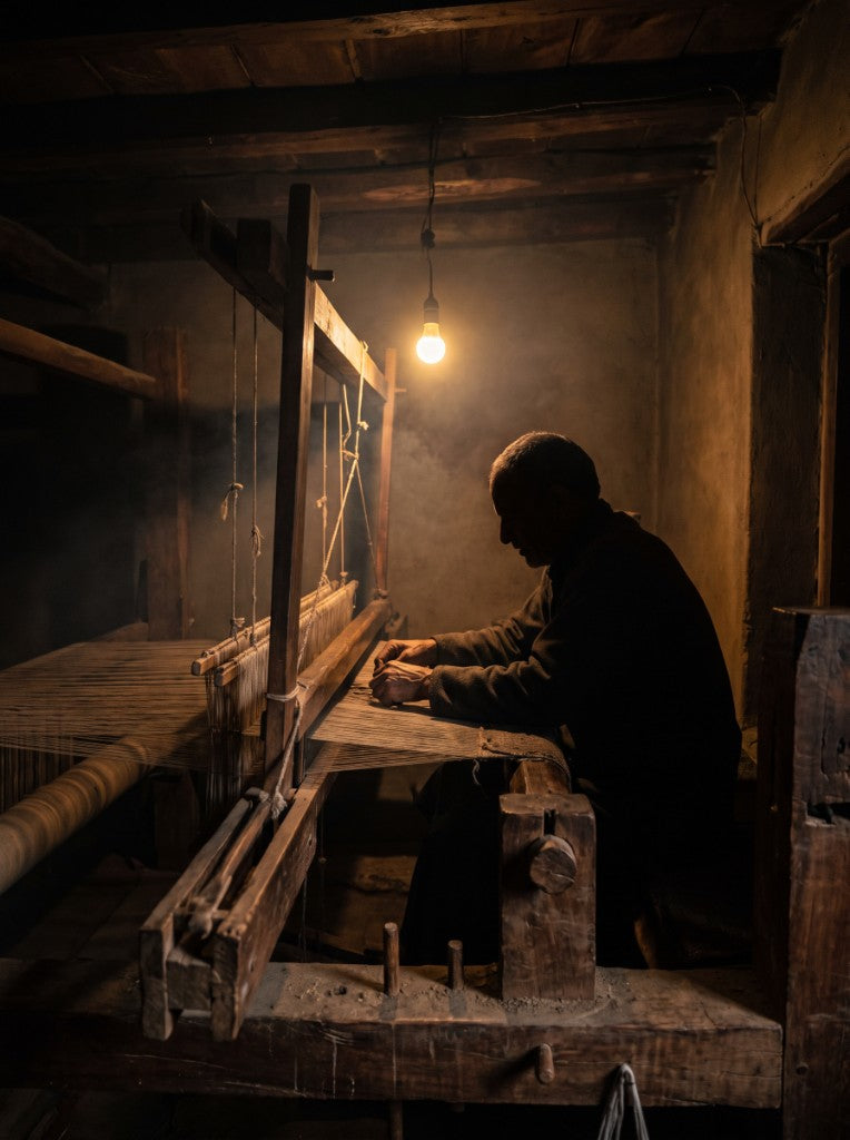 An elderly artisan weaving at a traditional wooden loom in a dimly lit workshop.