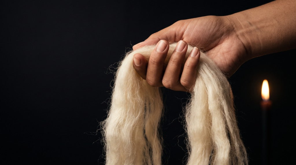 A hand holding raw pashmina cashmere fibres lit by candlelight.