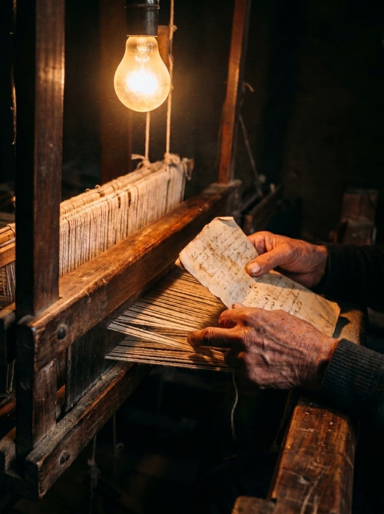 Weathered hands holding an aged pattern paper at a weaving loom.