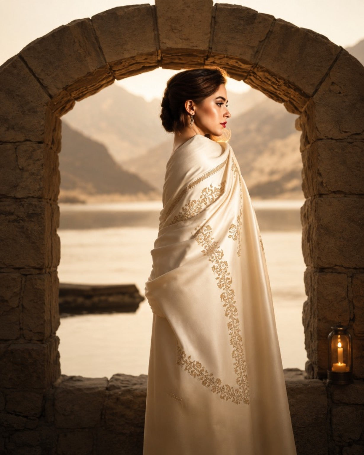 A woman wrapped in a cream embroidered pashmina shawl, framed by a stone arch overlooking a Himalayan lake at golden hour.