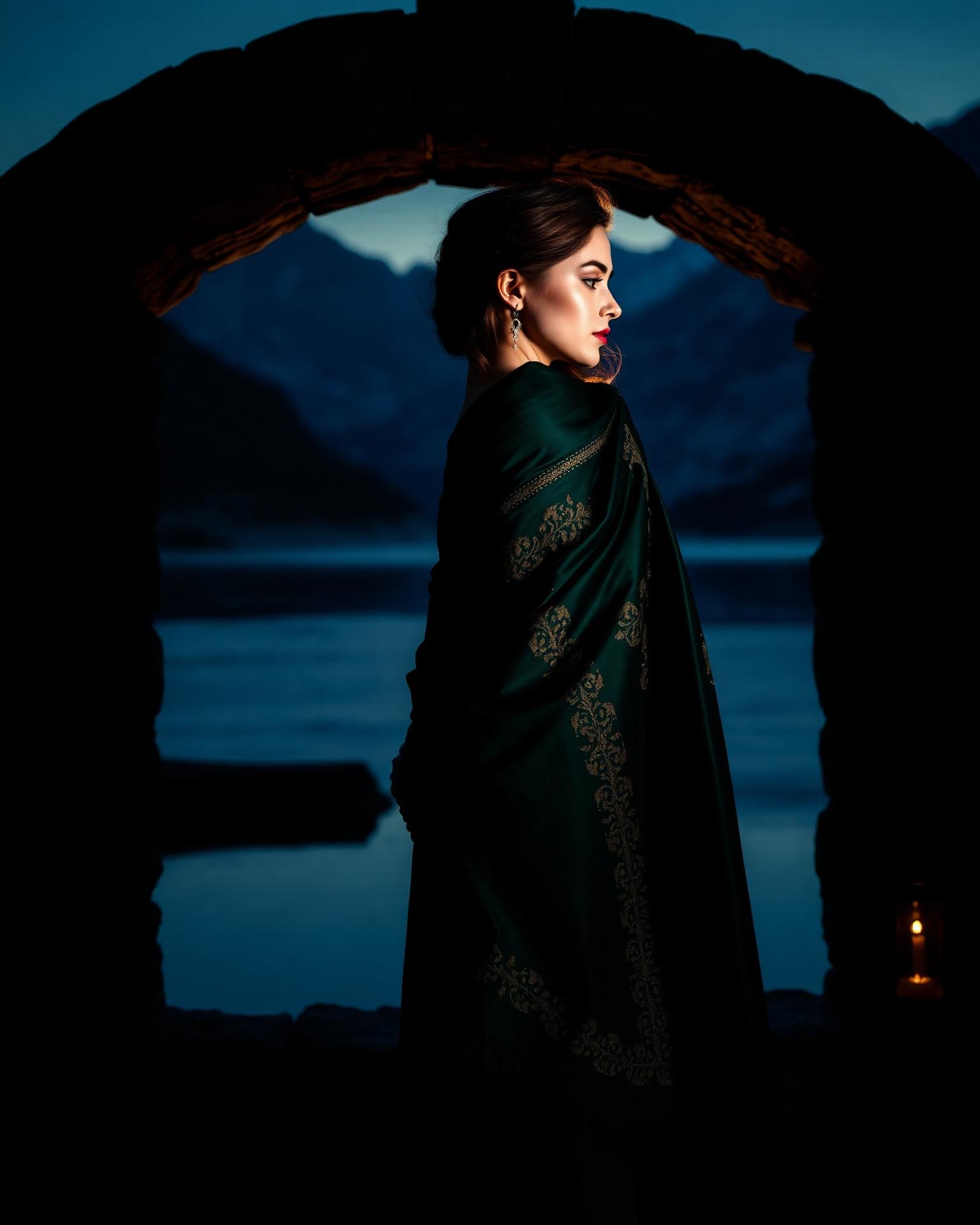 A woman wrapped in an emerald pashmina shawl, framed by a stone arch overlooking a Himalayan lake at dusk.